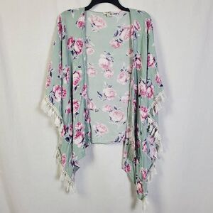 Umgee USA S/M Green Floral Kimono Cardigan Tassel Trim Boho Festival Open Front